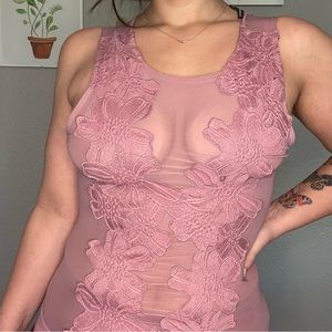 Haute Monde Sheer Lilac Mesh Bodysuit with Floral Appliqué, Size L